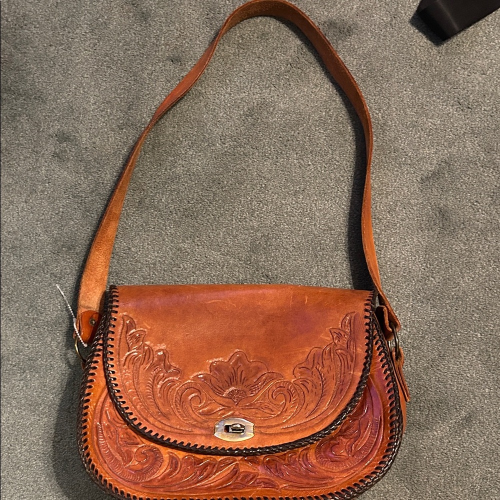 Embossed Leather Shoulder Bag - Tan